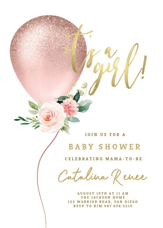 Floral glitter balloon -  invitación para baby shower de bebé niña gratis