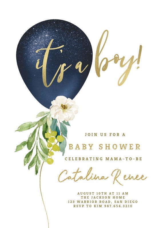 Floral glitter balloon -  invitación para baby shower de bebé niña gratis