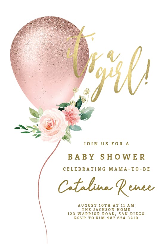 Floral glitter balloon - baby shower invitation