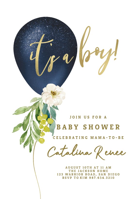 Floral glitter balloon -  invitación para baby shower de bebé niño gratis