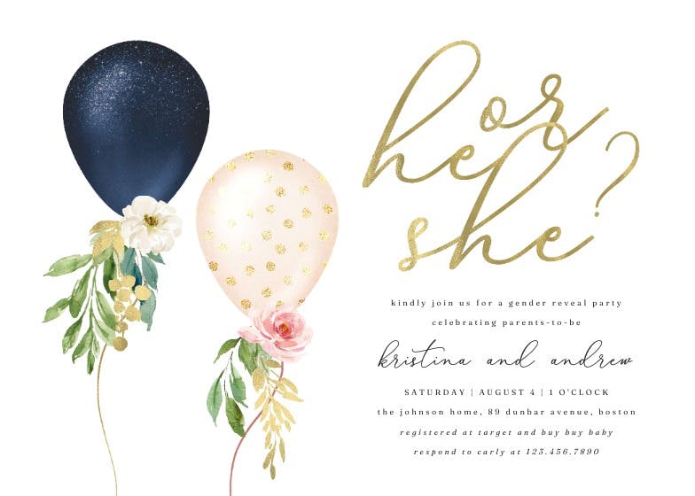 Floral glitter balloons - gender reveal invitation