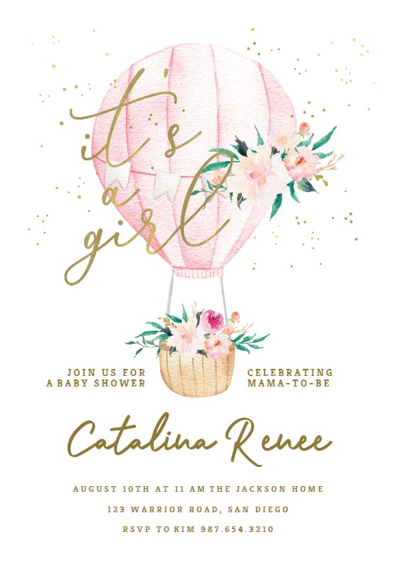 Floral hot air balloon - baby shower invitation