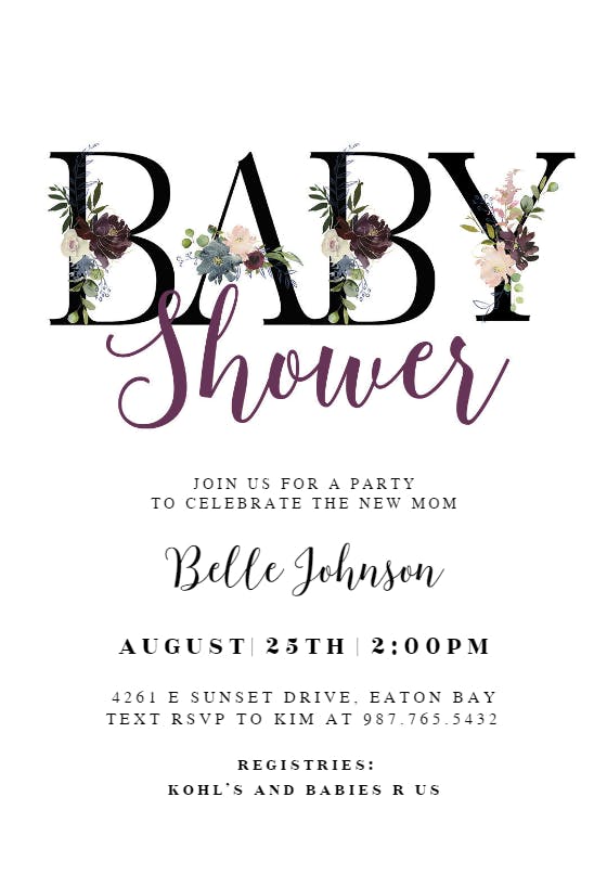 Floral letters -  invitación para baby shower de bebé niña gratis