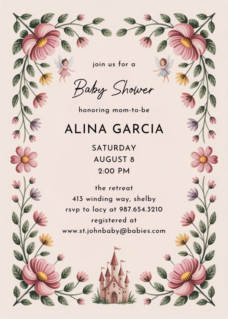 Floral princess castle -  invitación para baby shower