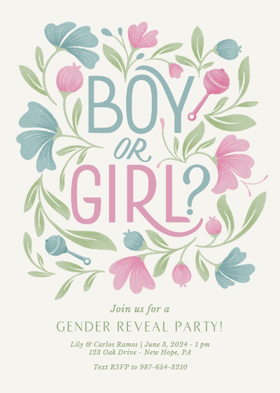 Floral Reveal Gender Reveal Invitation Template Greetings Island 4574