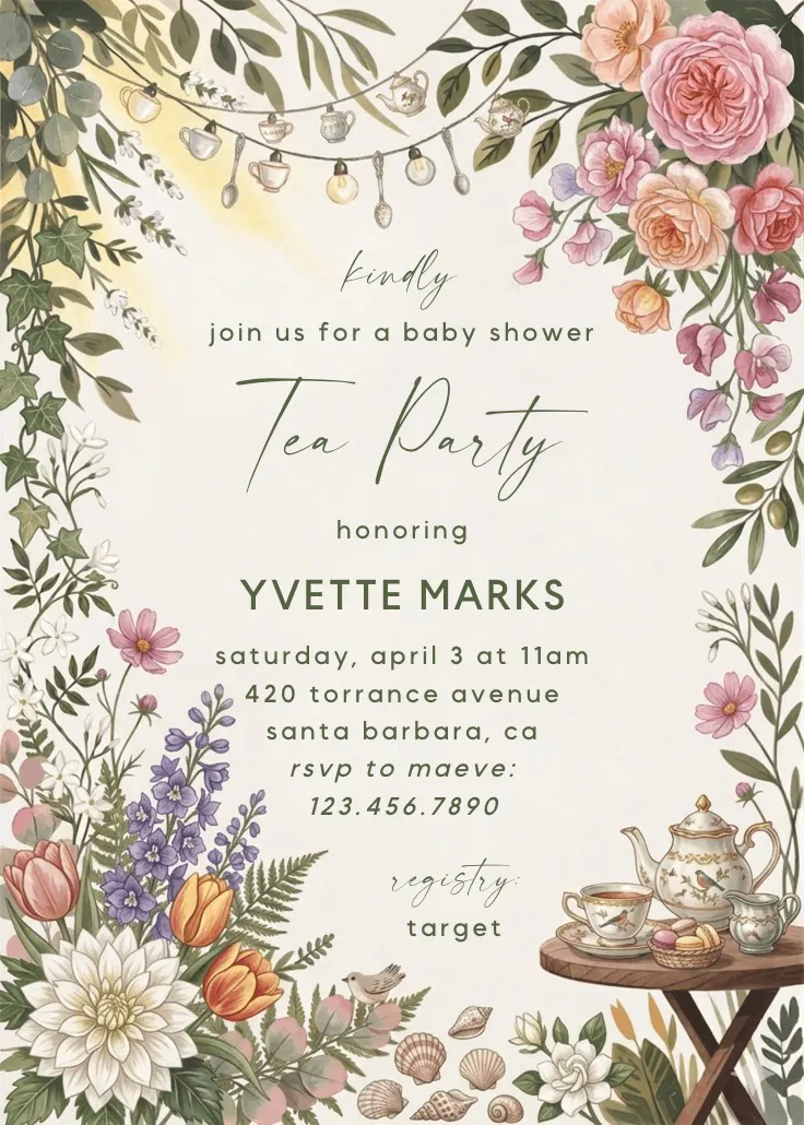 Floral tea pot - convite de chá de bebê