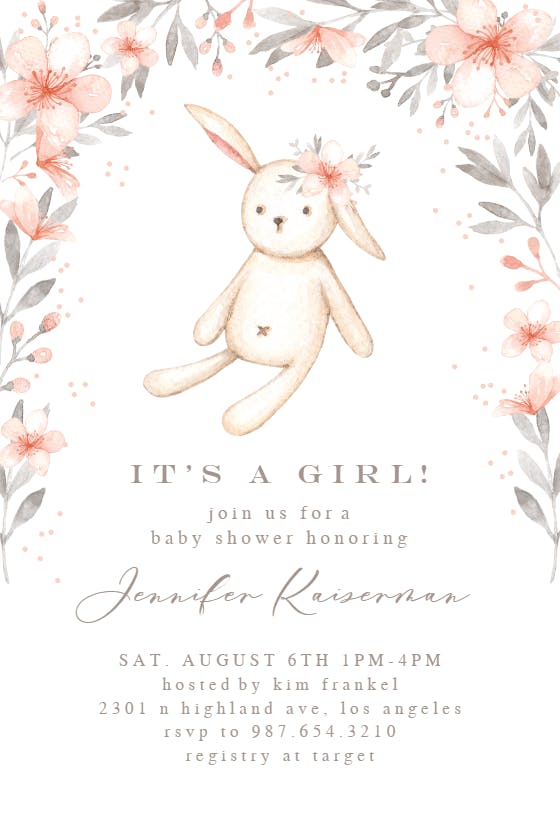 Floral teddy -  invitación para baby shower de bebé niña gratis