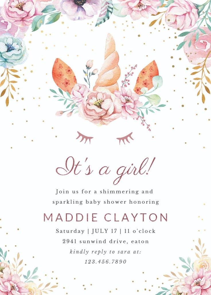 Floral unicorn - baby shower invitation