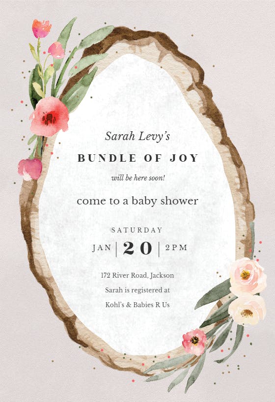 Floral wood slice -  invitación para baby shower de bebé niña gratis