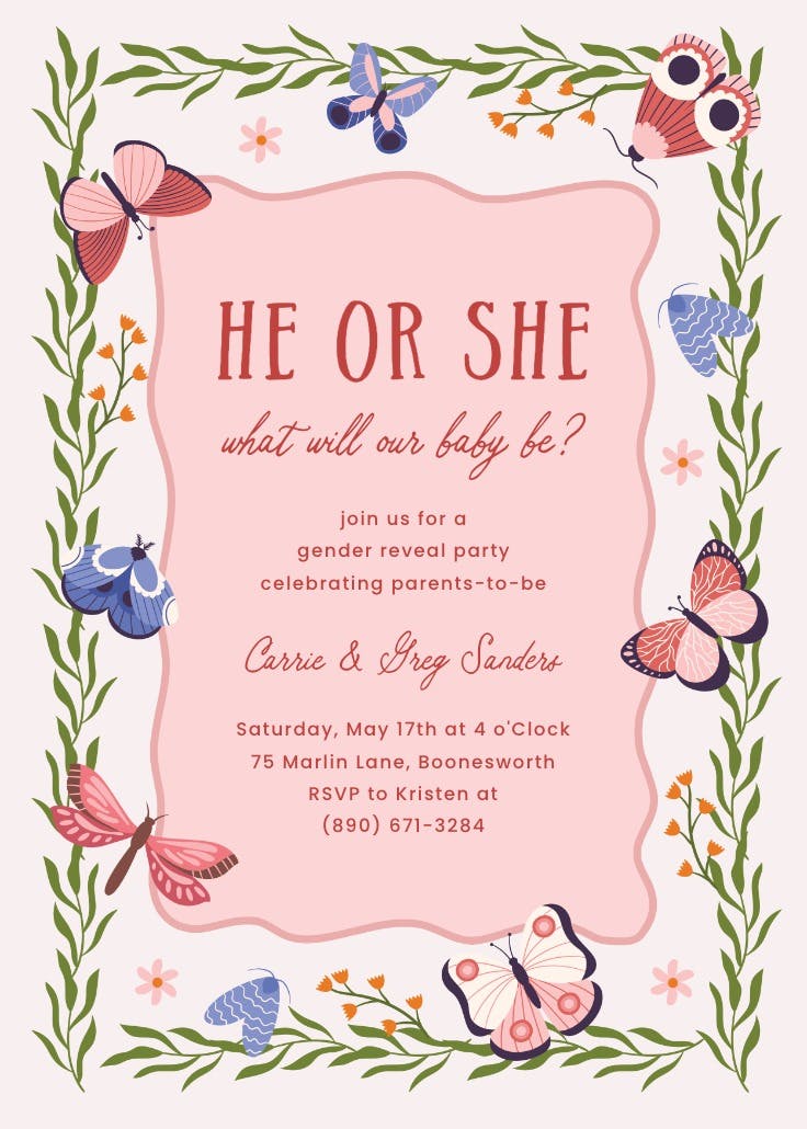 Flutterby baby - gender reveal invitation