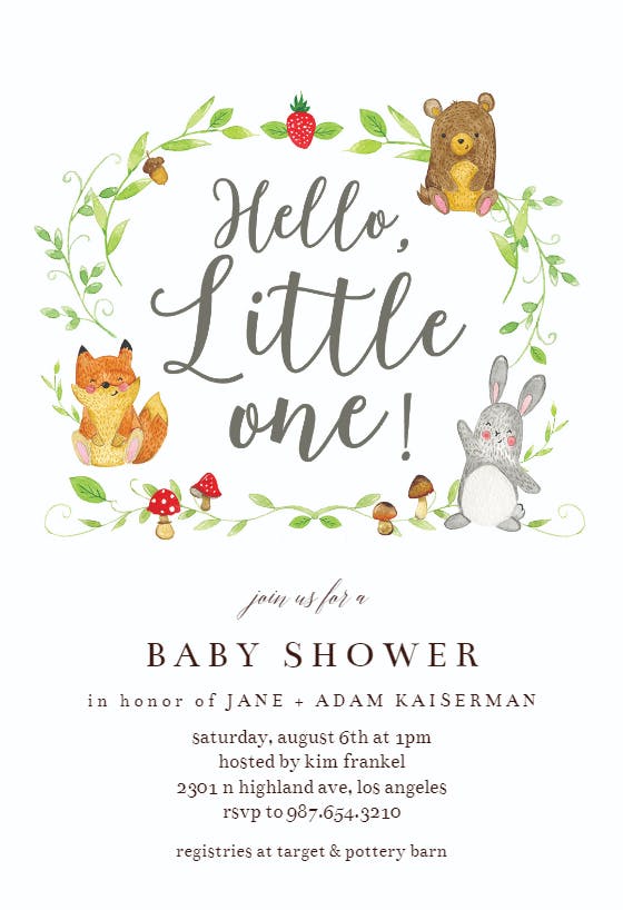 Forrest animals hand lettered -  invitación para baby shower de bebé niño gratis