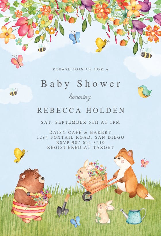 Garden adventures -  invitación para baby shower de bebé niña gratis