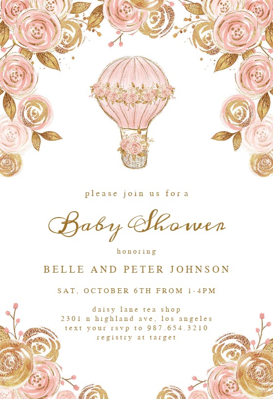 Glitter hot air balloon -  invitación para baby shower de bebé niña gratis