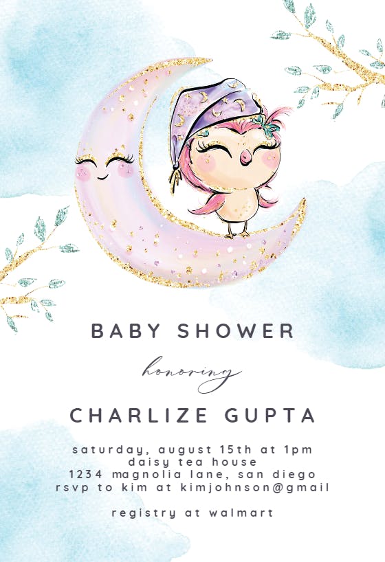Glitter sleepy owl -  invitación para baby shower de bebé niña gratis