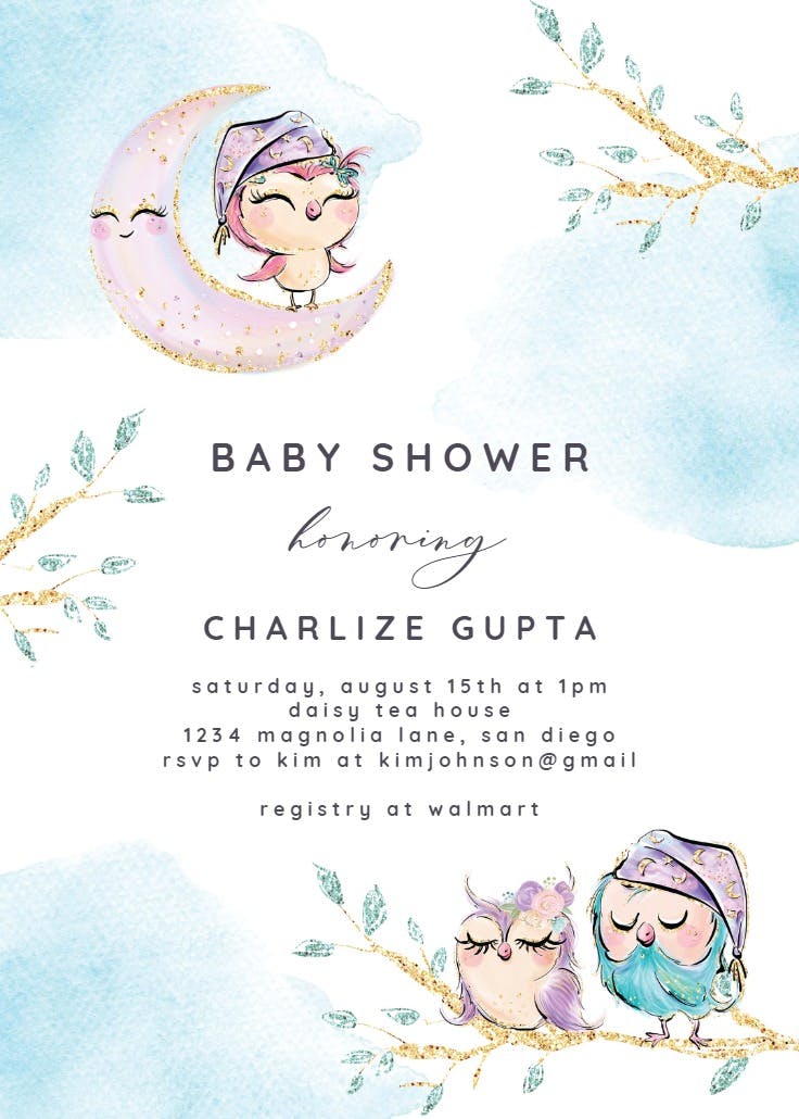 Glitter sleepy owls - baby shower invitation