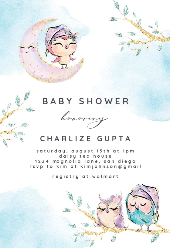 Glitter sleepy owls -  invitación para baby shower de bebé niño
