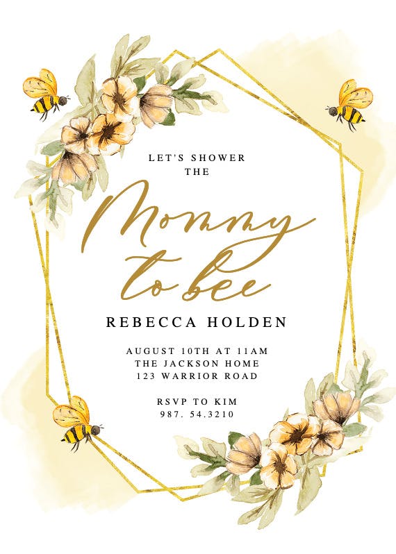 Golden bee frame -  invitación para baby shower de bebé niña gratis