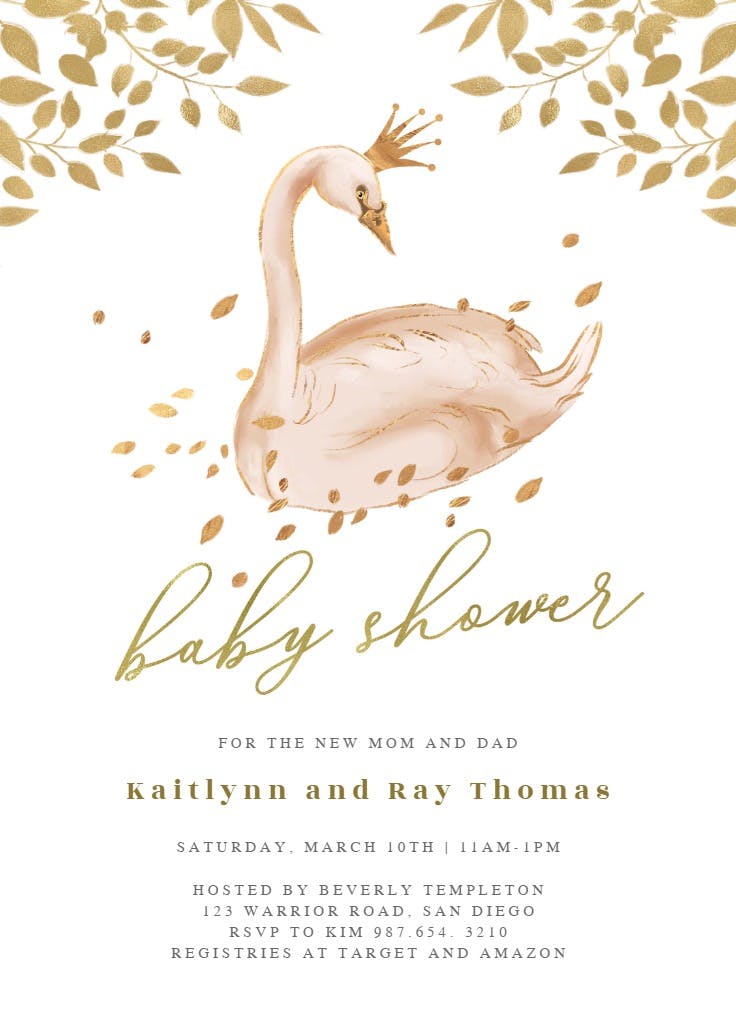 Golden pink swan - baby shower invitation