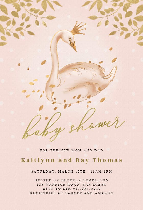 Golden pink swan -  invitación para baby shower de bebé niña gratis