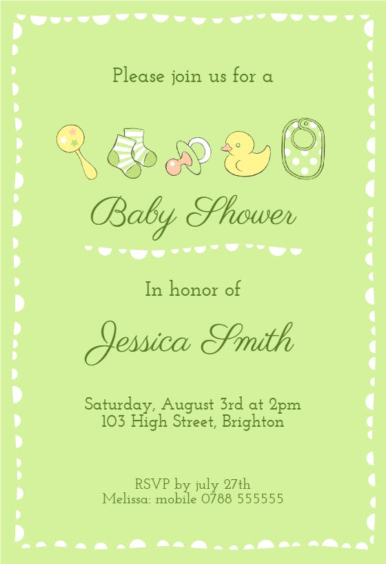 Green baby items -  invitación para baby shower