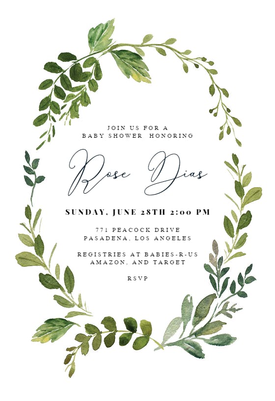 Green wreath -  invitación para baby shower de bebé niña gratis