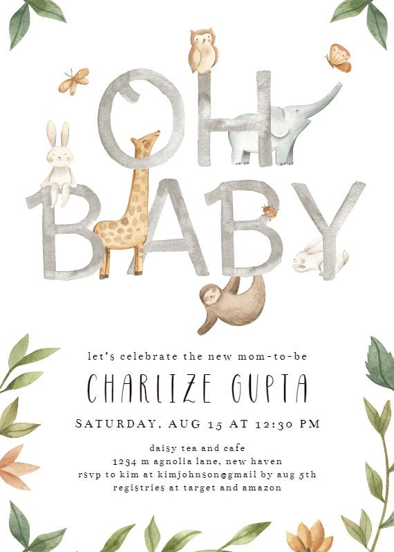 Hanging animals -  invitación para baby shower de bebé niña gratis