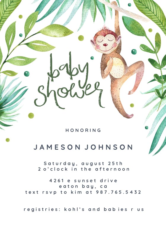 Hanging monkey -  invitación para baby shower