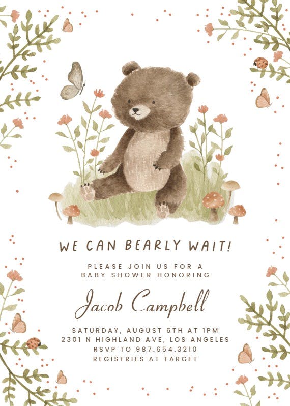 Happy baby bear -  invitación para baby shower de bebé niña gratis