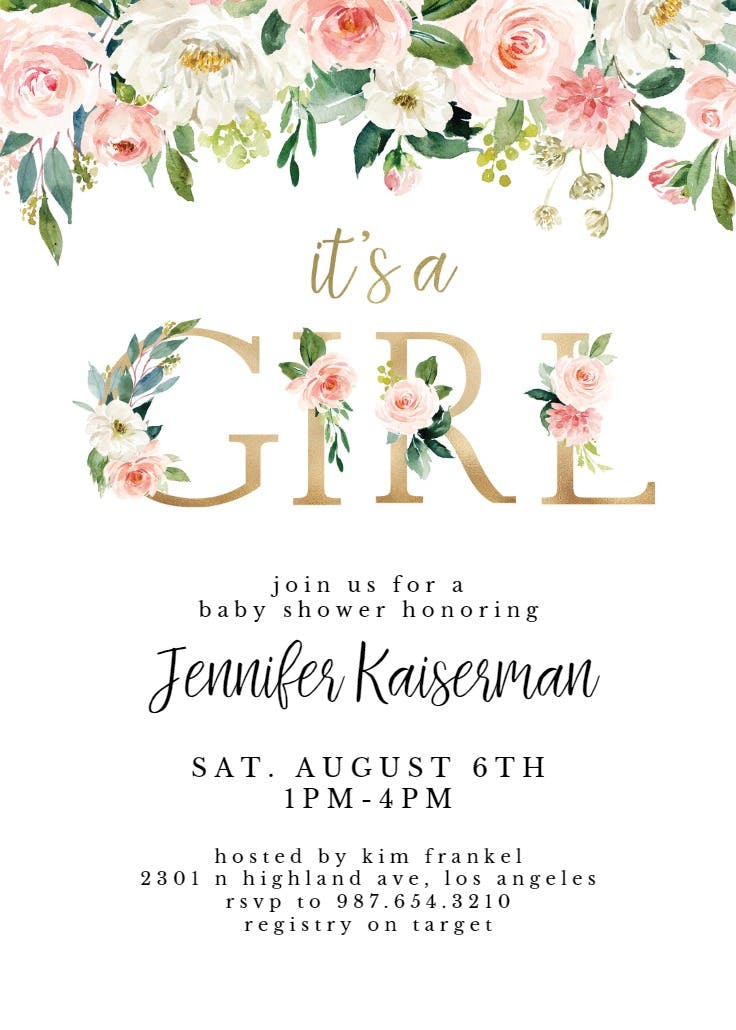 It's a girl floral letters - invitación para baby shower