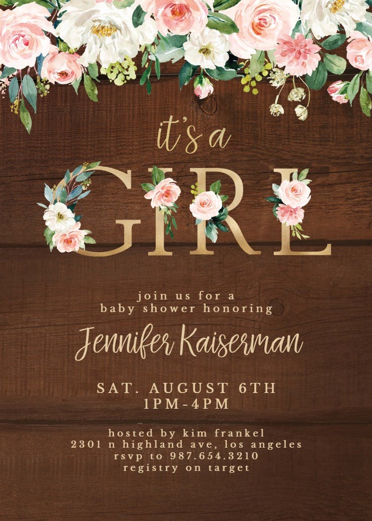 It's a girl floral letters -  invitación para baby shower