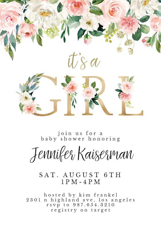 It's a girl floral letters -  invitación para baby shower