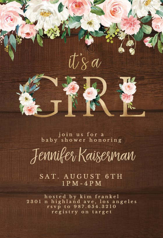 It's a girl floral letters -  invitación para baby shower de bebé niña gratis