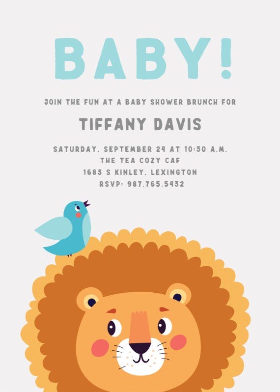 Lion and bird -  invitación para baby shower de bebé niño