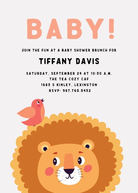 Lion and bird -  invitación para baby shower de bebé niño