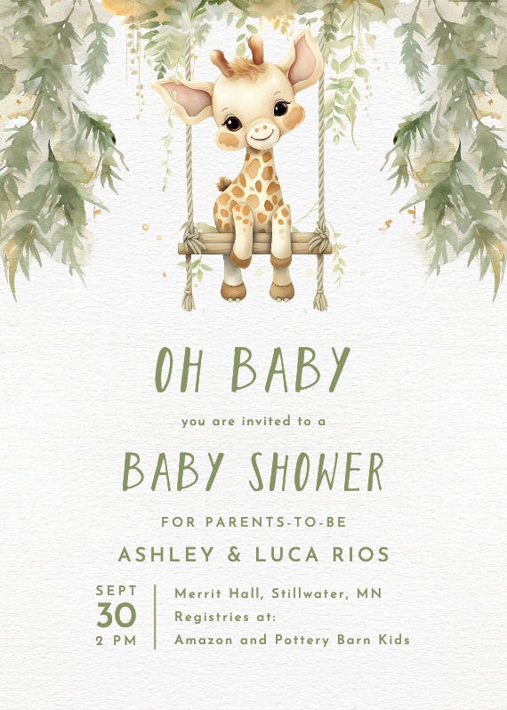Little giraffe -  invitación para baby shower de bebé niño