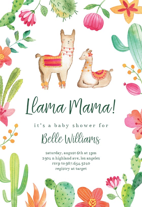 Llama flowers - baby shower invitation