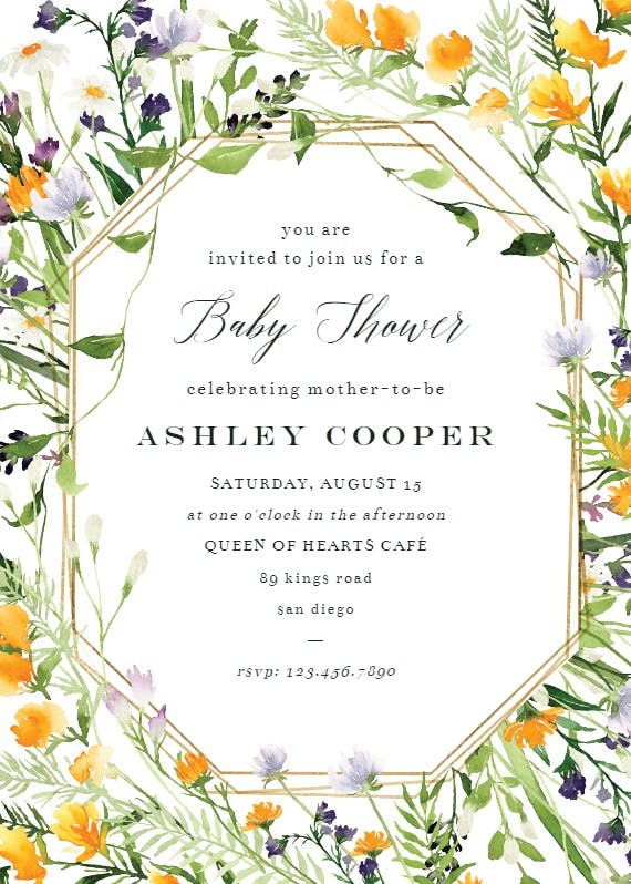 Meadow flowers golden frame -  invitación para baby shower