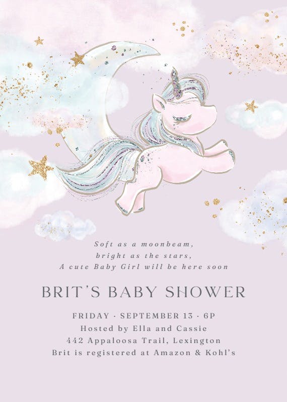 Moon unicorn -  invitación para baby shower de bebé niña gratis
