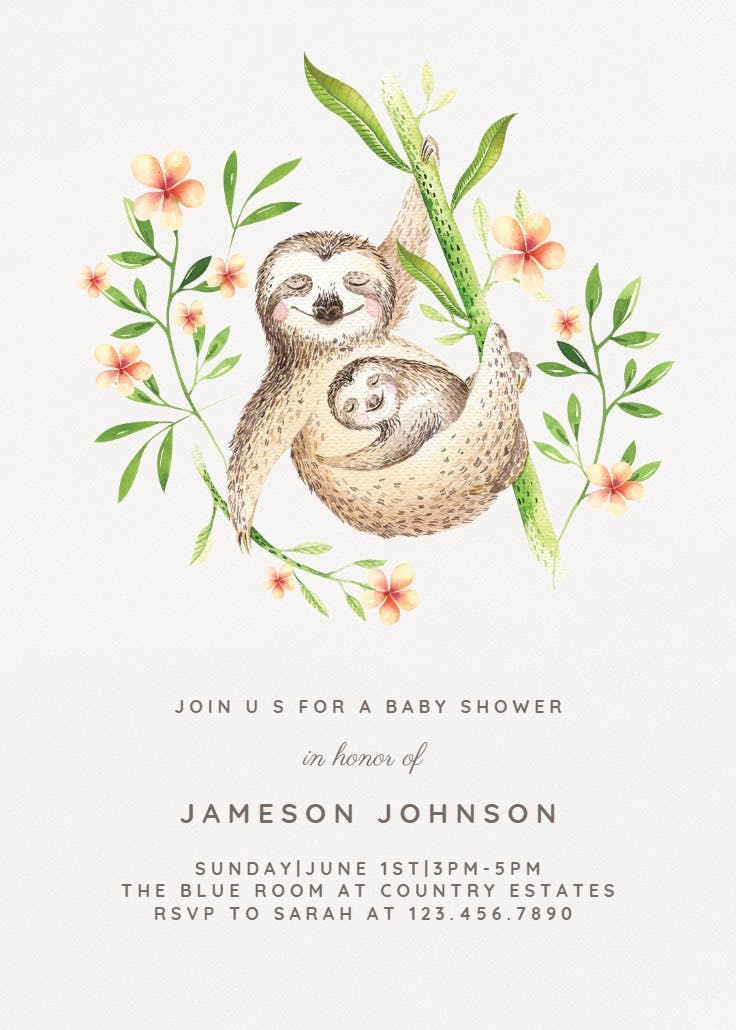 Mother and baby sloths - baby shower invitation