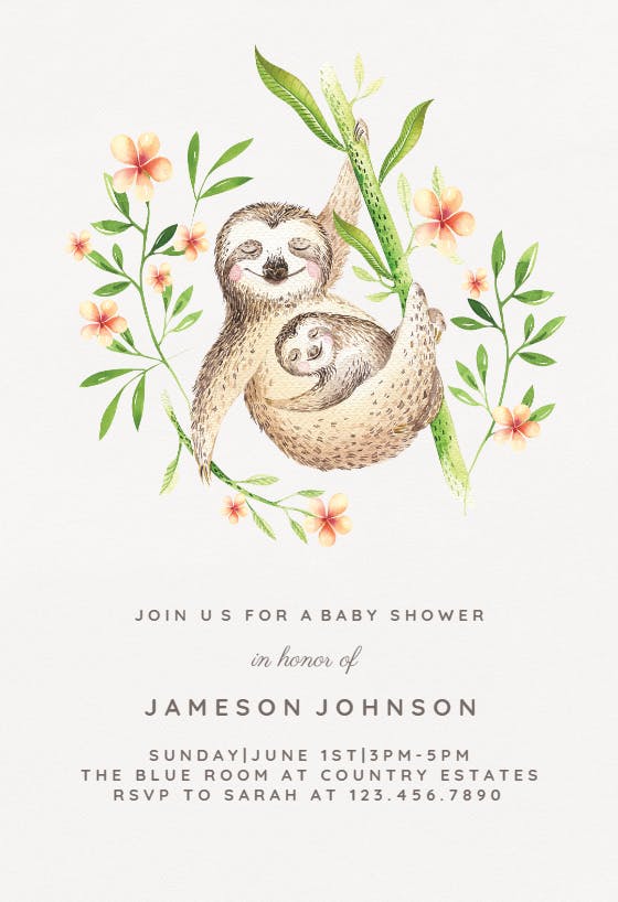 Mother and baby sloths -  invitación para baby shower de bebé niño