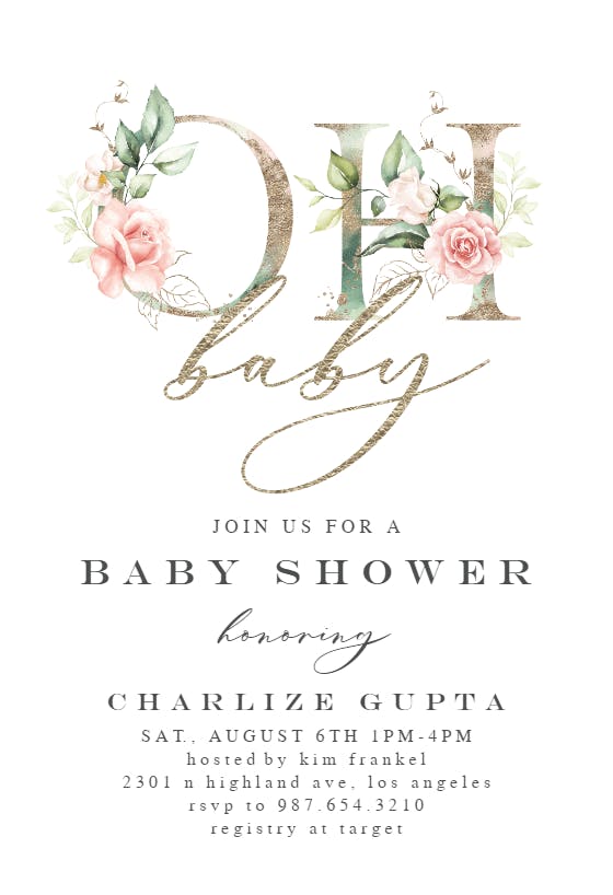 Oh baby floral gold -  invitación para baby shower