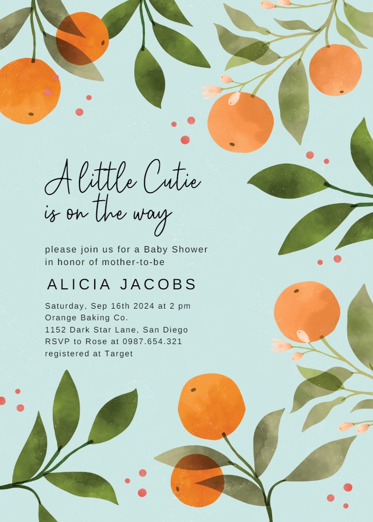 Oranges and florals - Baby shower invitation Template | Greetings Island