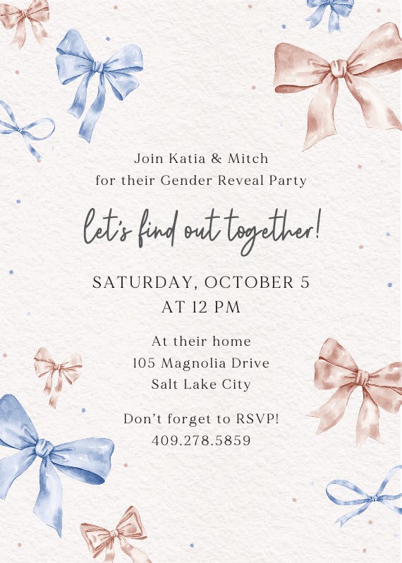 Painted bows - gender reveal invitation