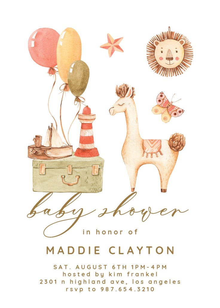 Pastel llama and toys - baby shower invitation