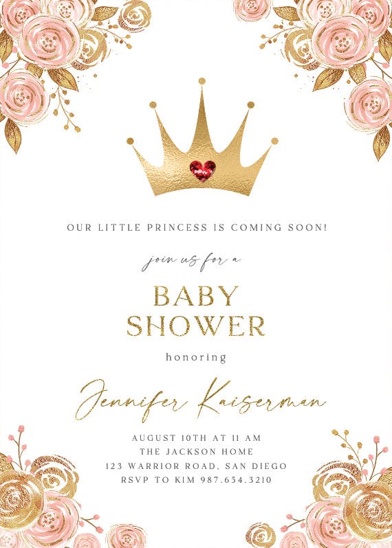 Pink & gold floral princess -  invitación para baby shower
