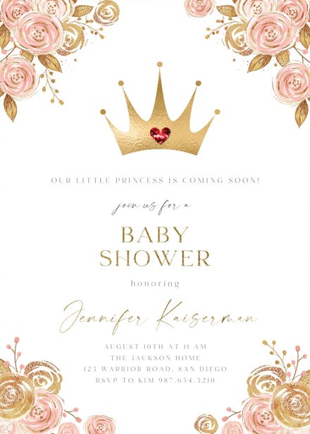Pink & gold floral princess - baby shower invitation