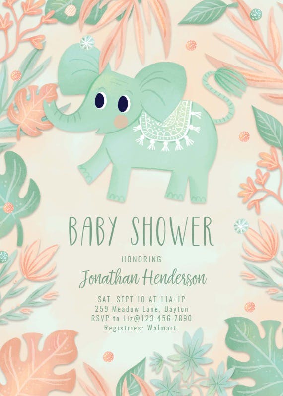 Pink and blue elephant - baby shower invitation