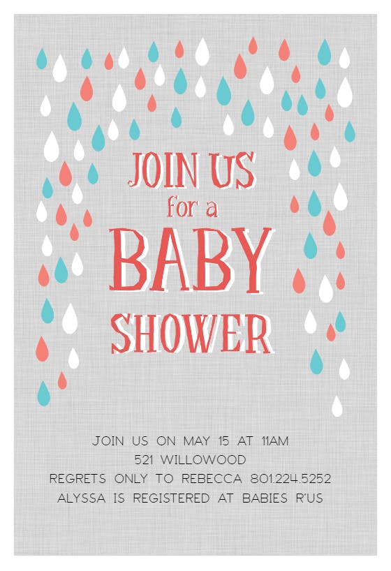 Pink and blue raindrops -  invitación para baby shower