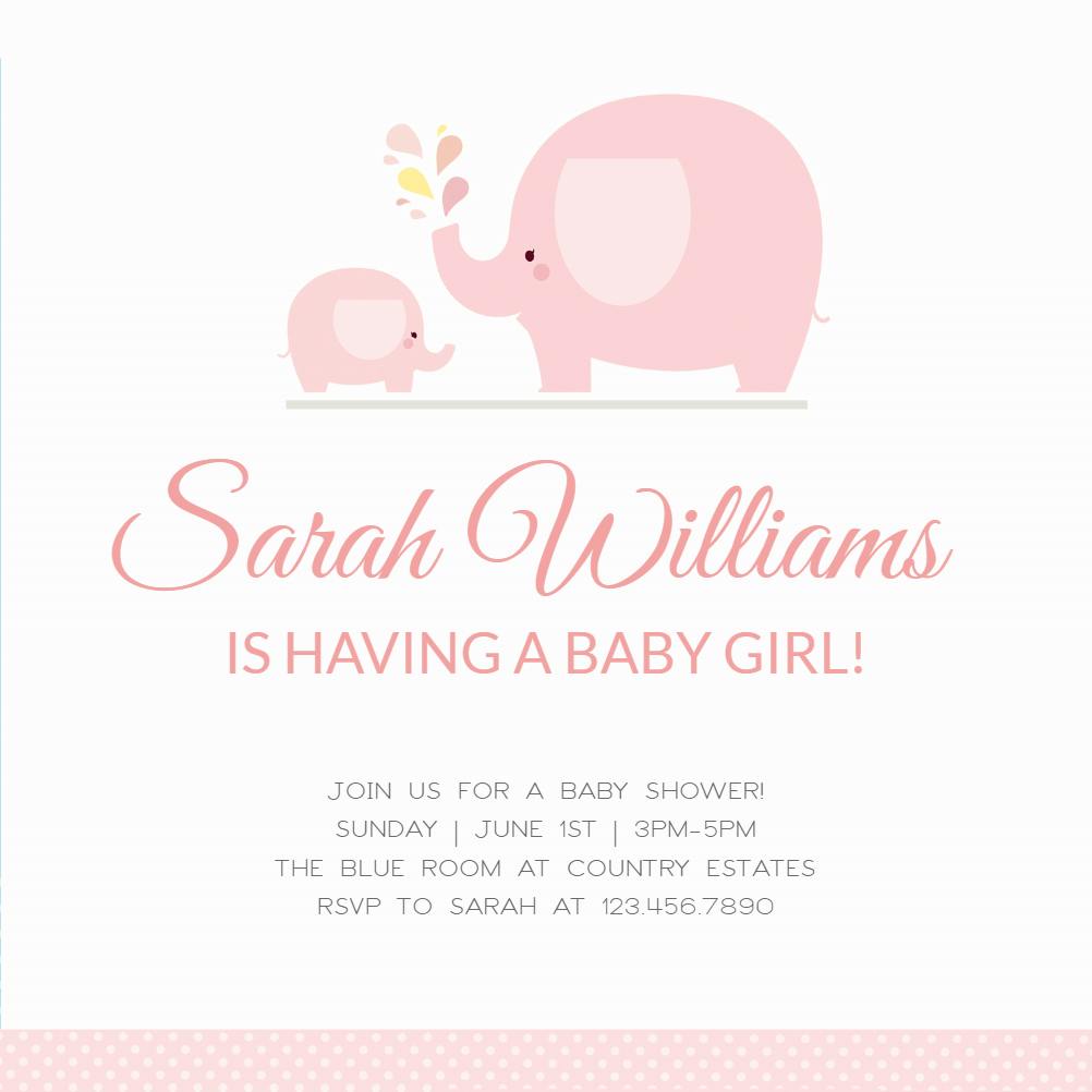 Pink baby elephant -  invitación para baby shower de bebé niña gratis