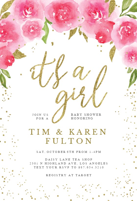 Pink floral & gold glitter - baby shower invitation